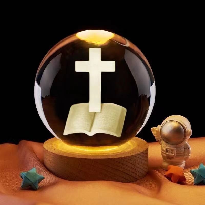 Luminous Crystal Ball Night Light Solid Wood Base Home Decoration